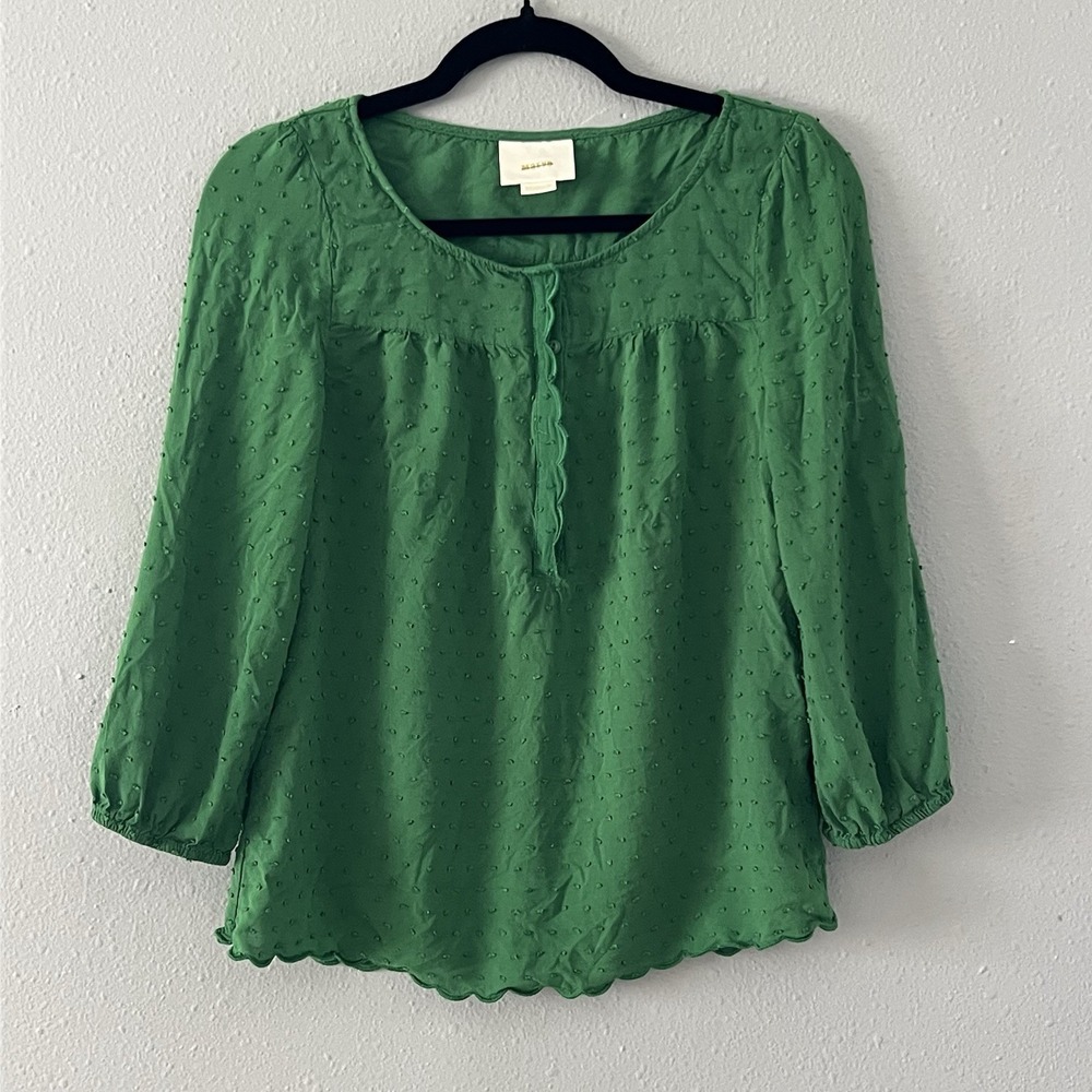 Maeve Anthropologie Green Swiss Dot Peasant Blouse Womens US 4 Feminine
